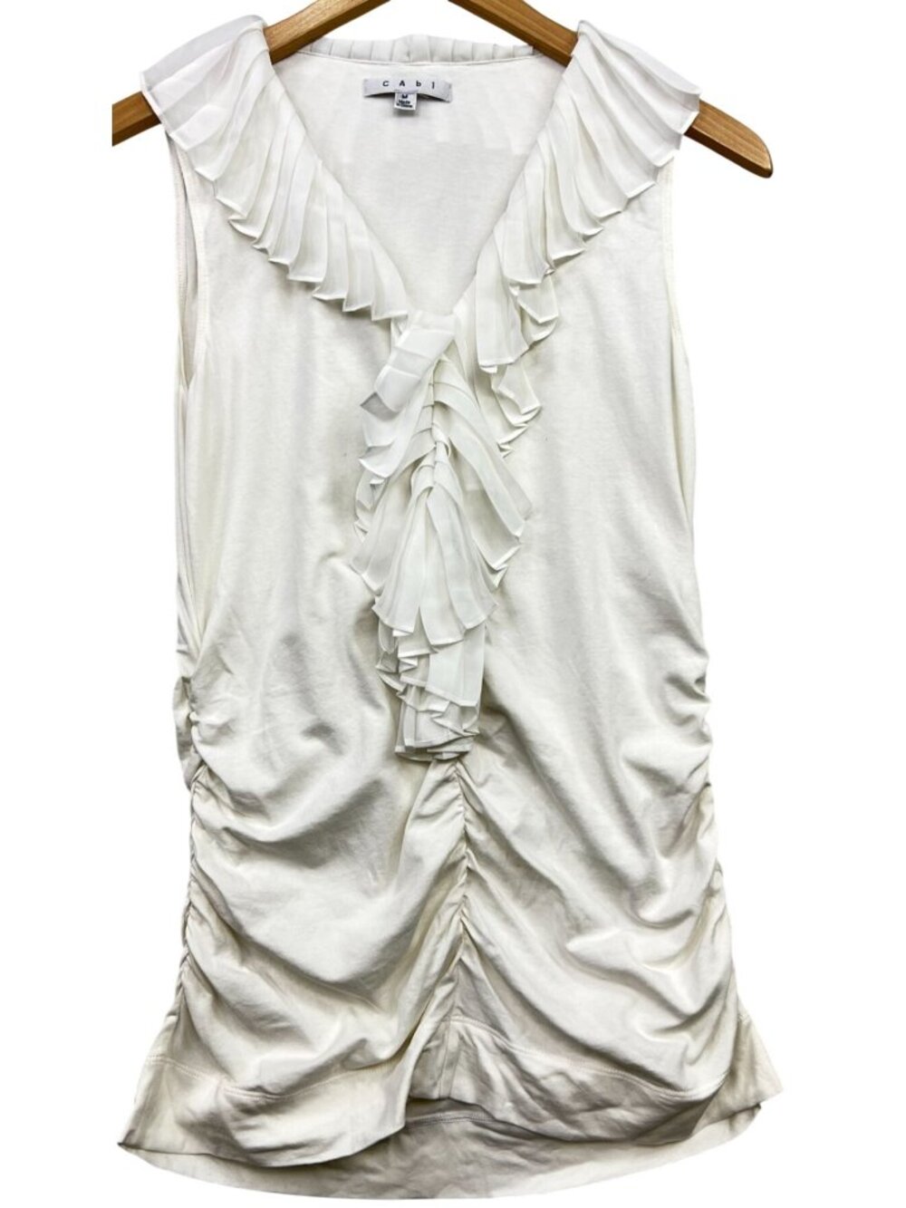 Cabi Women's Ruffled Neck Ruched Side Top Sleeveless Stretch Size Medium White